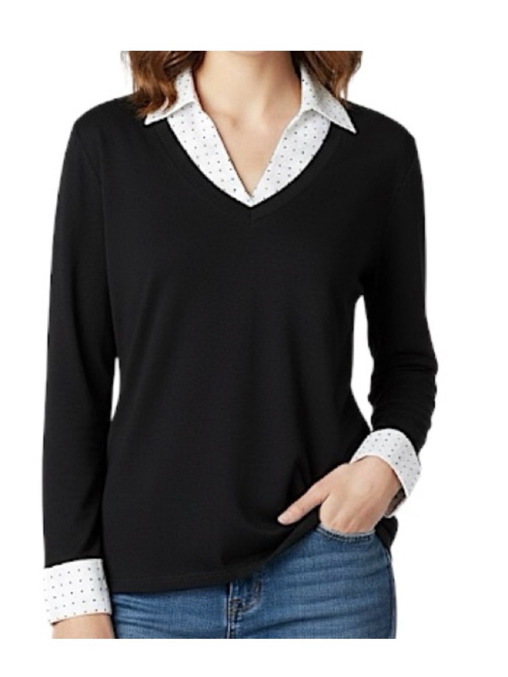 Jason Maxwell Mixed Media Polka Dot Collar & Cuff Top Black White XL Work office